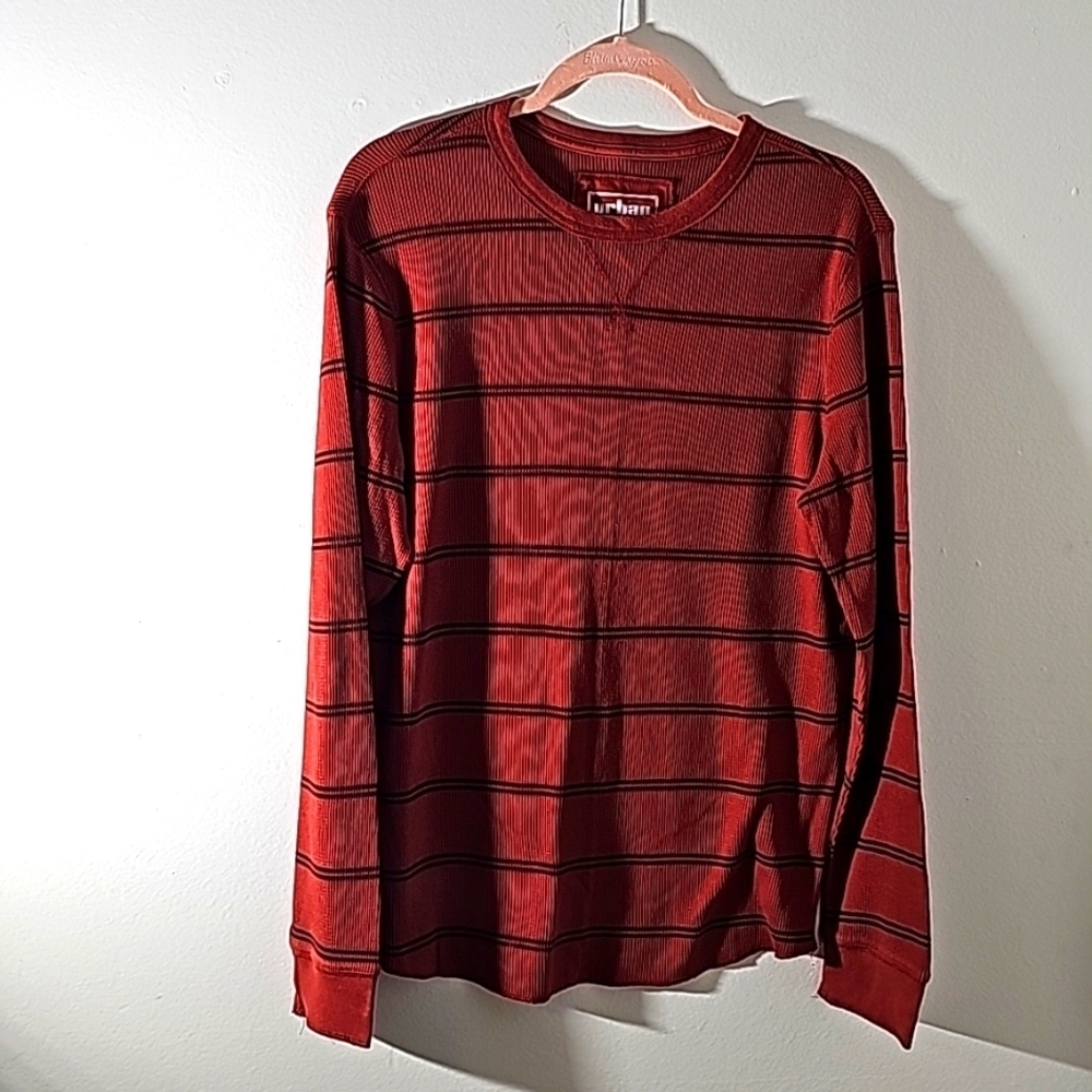 Urban pipeline mens long sleeve shirt waffle fabric. Rust with black stripes. Lg